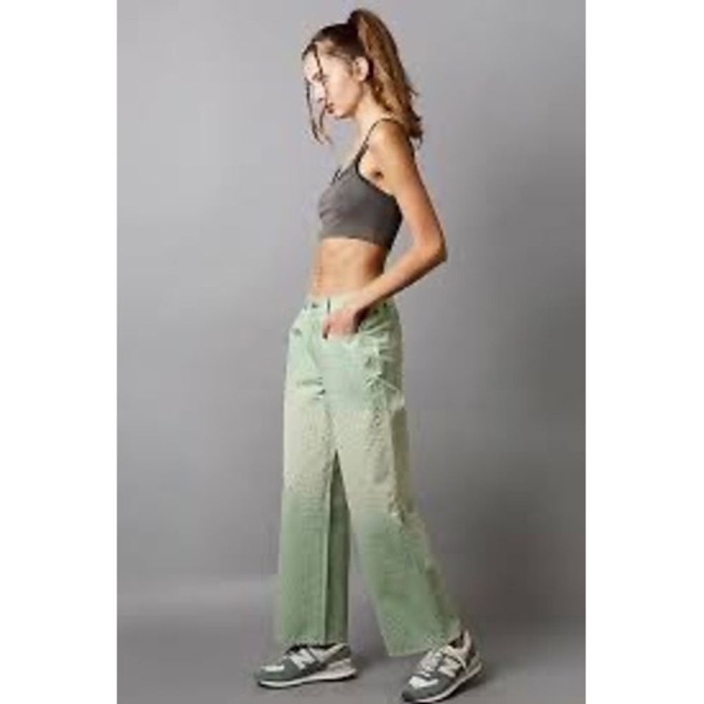 NWOT POL Green Ombre Gradient Rhinestone Wide Leg High Rise Jeans Sz Small